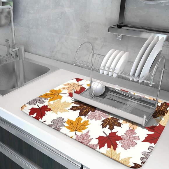 Maple Leaf Dish Drying Mat Large 18x24 inches Fall Autumn Colorful Leaves Dish D - Picture 2 of 7